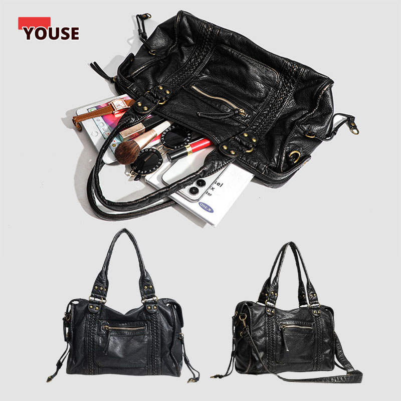 Women Bags Gold - ​​Braided Trim Black Leather Tote Bag