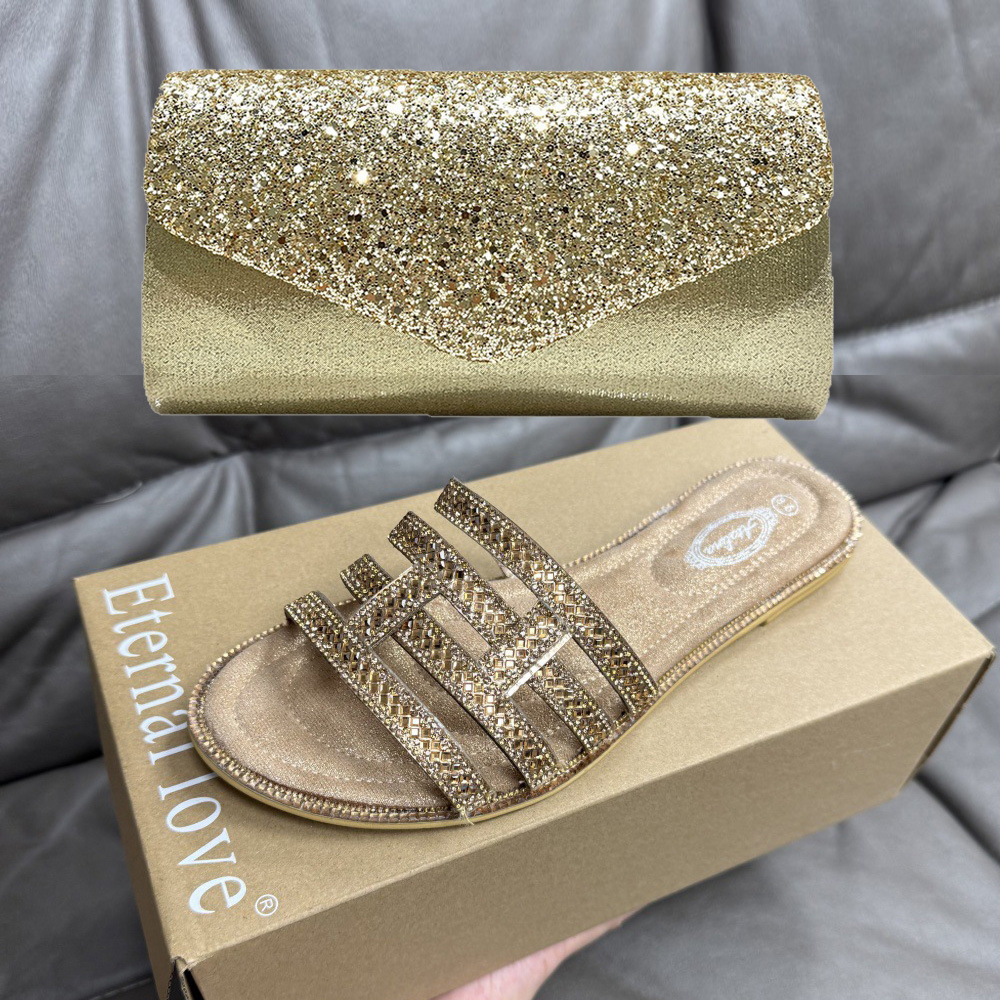 Women Bags Gold - Summer New Bronze Rhinestone Slippers Plus